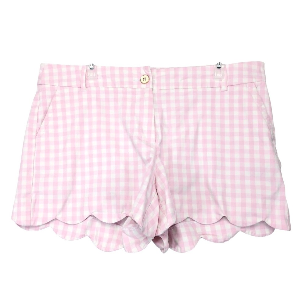 Crown & Ivy Shelby Pink Gingham Chino Shorts Womens 14 38x4" Scalloped Preppy
